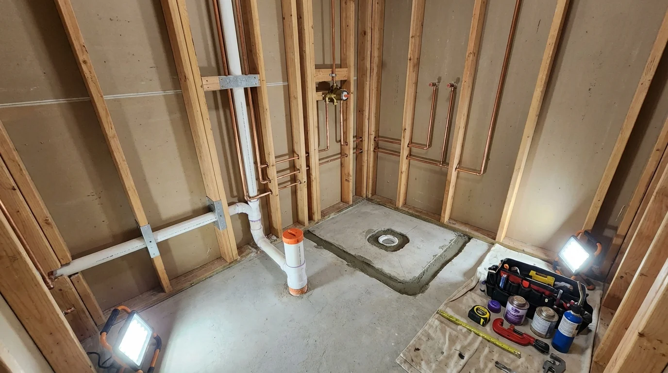 Bathroom rough-in plumbing during remodel by Johns Plumbing LLC in Bakersville