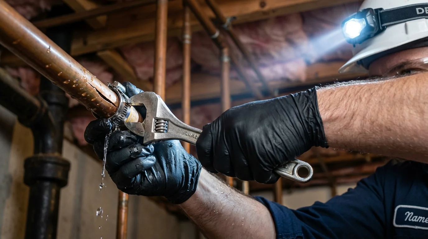 Emergency pipe clamp repair being performed by a Johns Plumbing LLC plumber in Bakersville