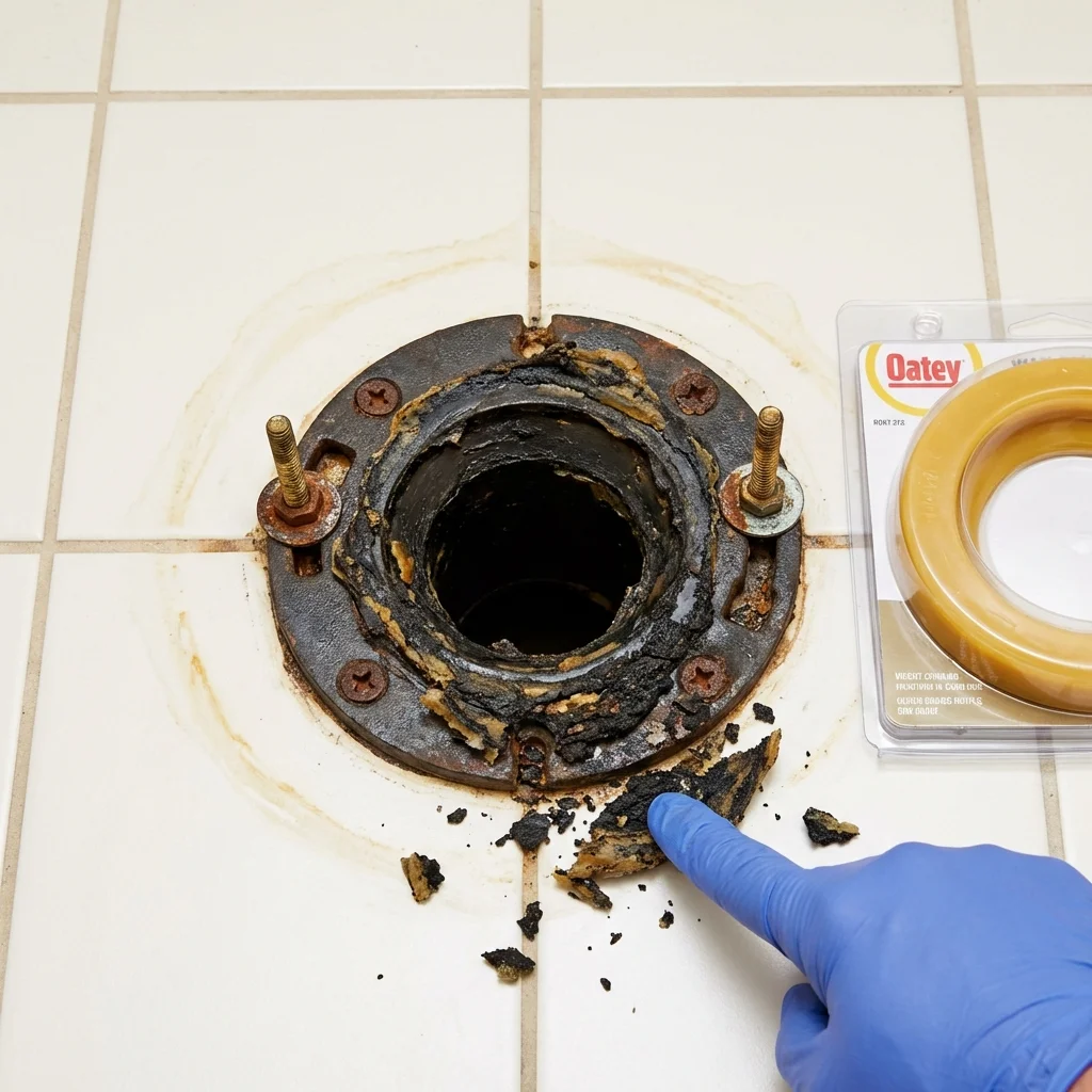 Failed wax ring showing water seepage at the base of a toilet in a Bakersville, NC home