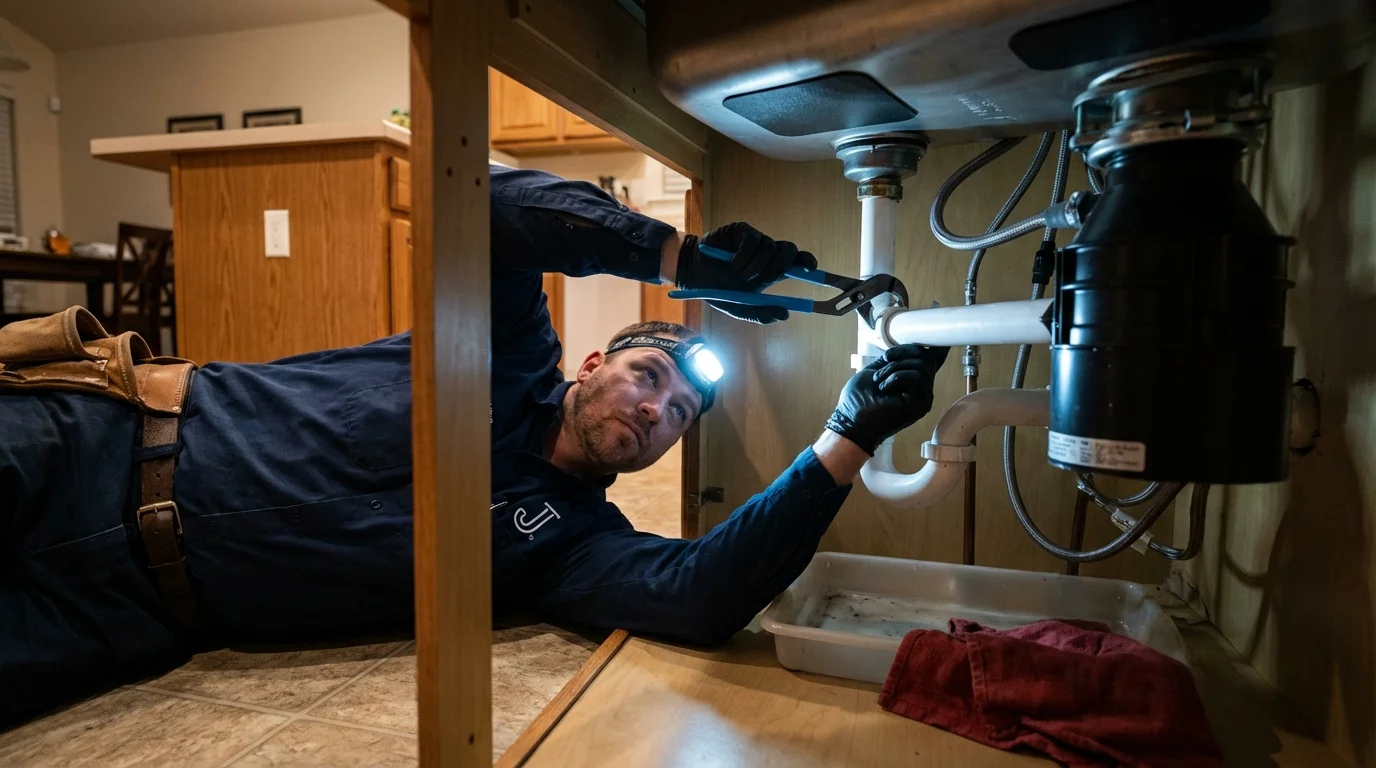 P-trap and supply line connections under a kitchen sink showing a common leak point in Bakersville, NC